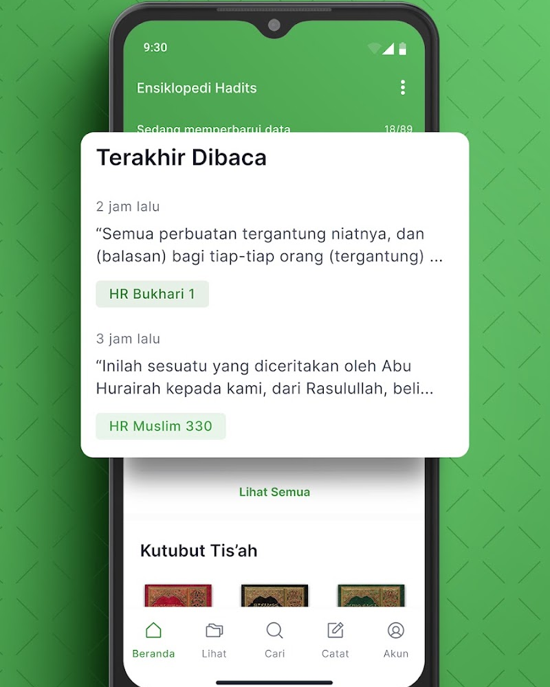 Tampilan beranda aplikasi Ensiklopedi Hadits